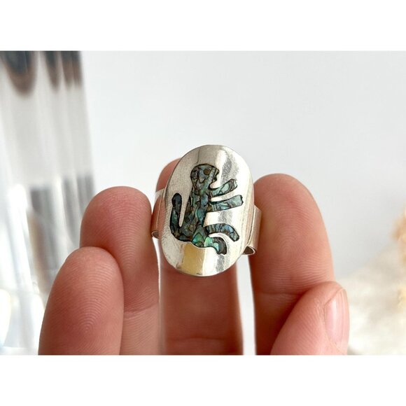 RARE Taxco Mexico Monkey Abalone Inlaid 925 Sterling Silver Vintage Ring - sz 8 - Picture 10 of 14